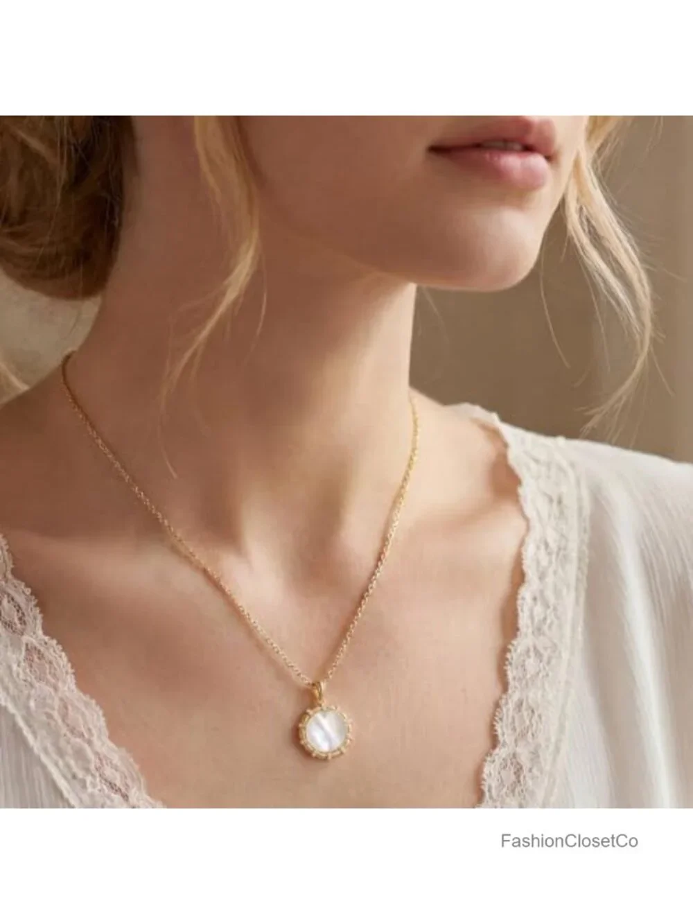 Mother of Pearl Pendant Necklace, 14K Gold Plated Brass, Floral, Sunburst